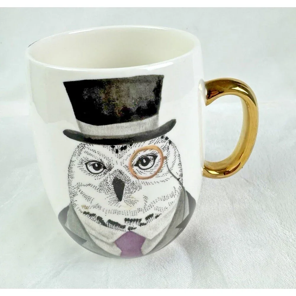 Pier 1 Owl in Top Hat Suit Gold Handle 24 oz Mug. 3.5